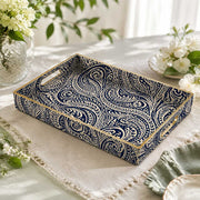 Navy Paisley Swirl Plastic Serving Tray – Full Print Border full-print plastic serving tray shown in a product view.