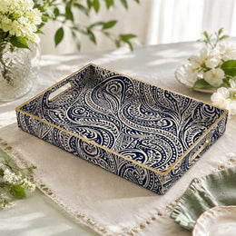 Navy Paisley Swirl Plastic Serving Tray – Full Print Border full-print plastic serving tray shown in a product view.