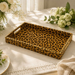 Orange Leopard Print Plastic Serving Tray – Full Print Border full-print plastic serving tray shown in a product view.