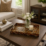 Orange Zebra Print Plastic Serving Tray – Full Print Border full-print plastic serving tray shown in a styled room scene.