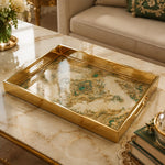 Paisley Emerald Glass Serving Tray – Gold Filigree glass serving tray shown in a product view.