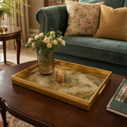 Paisley Emerald Glass Serving Tray – Gold Filigree glass serving tray shown in a second styled room scene.