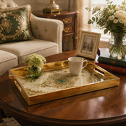 Paisley Emerald Glass Serving Tray – Gold Filigree glass serving tray shown in a first styled room scene.