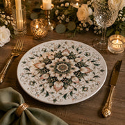 Persian Mandala Wedding Decorative Plastic Plate – Green Gold full-print plastic serving tray shown in a styled room scene.