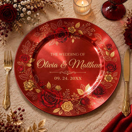 Personalized Wedding Decorative Plastic Plate – Roses Gold full-print plastic serving tray shown in a product view.