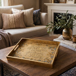 Quran Embossed Glass Serving Tray – Golden Calligraphy glass serving tray shown in a second styled room scene.