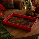 Red Plaid Holly Plastic Serving Tray – Golden Snowflake plastic serving tray shown in a rectangular product view.