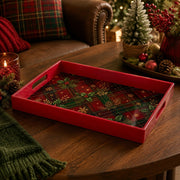 Red Plaid Holly Plastic Serving Tray – Golden Snowflake plastic serving tray shown in a rectangular product view.