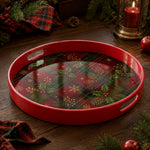 Red Plaid Holly Plastic Serving Tray – Golden Snowflake plastic serving tray shown in a round product view.