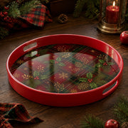 Red Plaid Holly Plastic Serving Tray – Golden Snowflake plastic serving tray shown in a round product view.