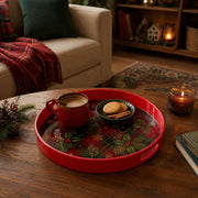 Red Plaid Holly Plastic Serving Tray – Golden Snowflake plastic serving tray shown in a round styled scene.