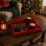 Red Plaid Holly Plastic Serving Tray – Golden Snowflake plastic serving tray shown in a rectangular styled scene.