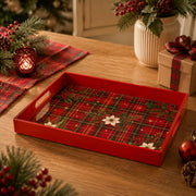 Red Plaid Poinsettia Plastic Serving Tray – Holly Border plastic serving tray shown in a rectangular product view.