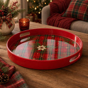 Red Plaid Poinsettia Plastic Serving Tray – Holly Border plastic serving tray shown in a round product view.