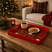 Red Plaid Poinsettia Plastic Serving Tray – Holly Border plastic serving tray shown in a rectangular styled scene.
