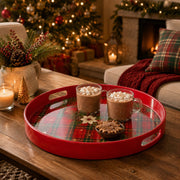 Red Plaid Poinsettia Plastic Serving Tray – Holly Border plastic serving tray shown in a round styled scene.