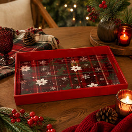 Red Plaid Snowflake Plastic Serving Tray – White Poinsettia plastic serving tray shown in a rectangular product view.