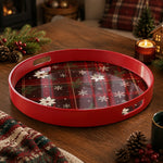 Red Plaid Snowflake Plastic Serving Tray – White Poinsettia plastic serving tray shown in a round product view.