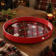 Red Plaid Snowflake Plastic Serving Tray – White Poinsettia plastic serving tray shown in a round product view.