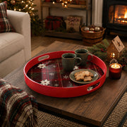 Red Plaid Snowflake Plastic Serving Tray – White Poinsettia plastic serving tray shown in a round styled scene.