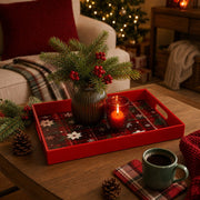 Red Plaid Snowflake Plastic Serving Tray – White Poinsettia plastic serving tray shown in a rectangular styled scene.