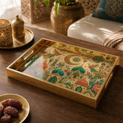 Saudi Arabia Folk Art Glass Serving Tray – Mosque Birds glass serving tray shown in a product view.
