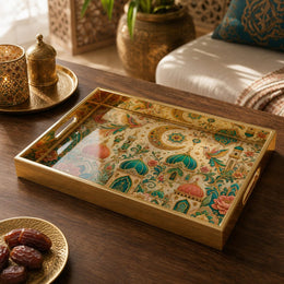 Saudi Arabia Folk Art Glass Serving Tray – Mosque Birds glass serving tray shown in a product view.