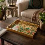 Saudi Arabia Folk Art Glass Serving Tray – Mosque Birds glass serving tray shown in a first styled room scene.