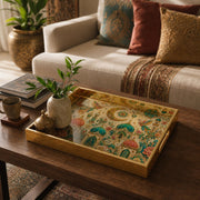 Saudi Arabia Folk Art Glass Serving Tray – Mosque Birds glass serving tray shown in a second styled room scene.