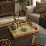 Saudi Arabia Glass Serving Tray – Palm Swords Medallion glass serving tray shown in a second styled room scene.