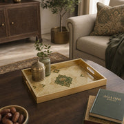Saudi Arabia Glass Serving Tray – Palm Swords Medallion glass serving tray shown in a second styled room scene.
