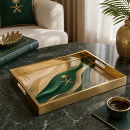 Saudi Arabia Silk Ribbon Glass Serving Tray – Palm Emblem glass serving tray shown in a product view.