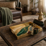 Saudi Arabia Silk Ribbon Glass Serving Tray – Palm Emblem glass serving tray shown in a first styled room scene.