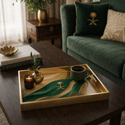 Saudi Arabia Silk Ribbon Glass Serving Tray – Palm Emblem glass serving tray shown in a second styled room scene.