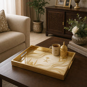 Saudi Arabia Skyline Glass Serving Tray – Mosque Domes glass serving tray shown in a first styled room scene.