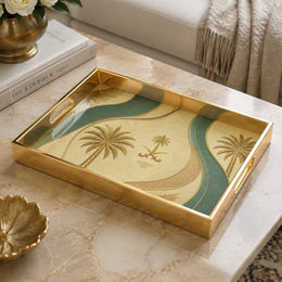 Saudi Emblem Palms Gold Green Glass Serving Tray – Heritage glass serving tray shown in a product view.