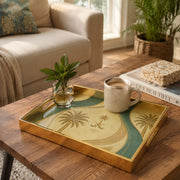 Saudi Emblem Palms Gold Green Glass Serving Tray – Heritage glass serving tray shown in a first styled room scene.