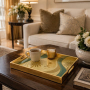 Saudi Emblem Palms Gold Green Glass Serving Tray – Heritage glass serving tray shown in a second styled room scene.
