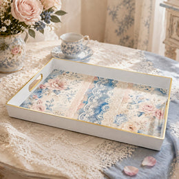 Shabby Roses Plastic Serving Tray – Blue Lace Border plastic serving tray shown in a rectangular product view.