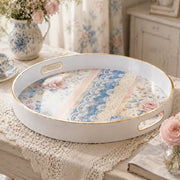 Shabby Roses Plastic Serving Tray – Blue Lace Border plastic serving tray shown in a round product view.