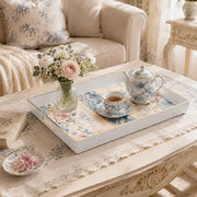 Shabby Roses Plastic Serving Tray – Blue Lace Border plastic serving tray shown in a rectangular styled scene.