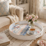 Shabby Roses Plastic Serving Tray – Blue Lace Border plastic serving tray shown in a round styled scene.
