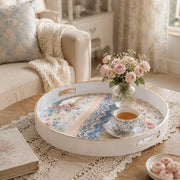 Shabby Roses Plastic Serving Tray – Blue Lace Border plastic serving tray shown in a round styled scene.