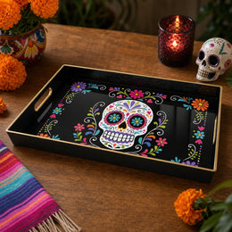Sugar Skull Plastic Serving Tray – Day Of The Dead Floral plastic serving tray shown in a rectangular product view.