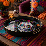 Sugar Skull Plastic Serving Tray – Day Of The Dead Floral plastic serving tray shown in a round product view.