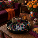 Sugar Skull Plastic Serving Tray – Day Of The Dead Floral plastic serving tray shown in a round styled scene.