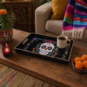 Sugar Skull Plastic Serving Tray – Day Of The Dead Floral plastic serving tray shown in a rectangular styled scene.