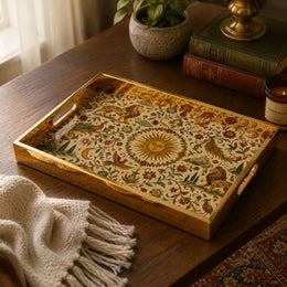 Sun Mandala Persian Heritage Glass Serving Tray – Gold Lion glass serving tray shown in a product view.