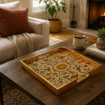 Sun Mandala Persian Heritage Glass Serving Tray – Gold Lion glass serving tray shown in a first styled room scene.