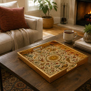 Sun Mandala Persian Heritage Glass Serving Tray – Gold Lion glass serving tray shown in a first styled room scene.